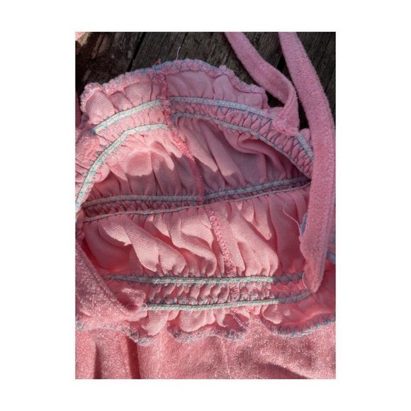 70s Pink Terrycloth Bubble Romper Blue Smocked Trim Tie Straps 12-24M - Picture 4 of 5